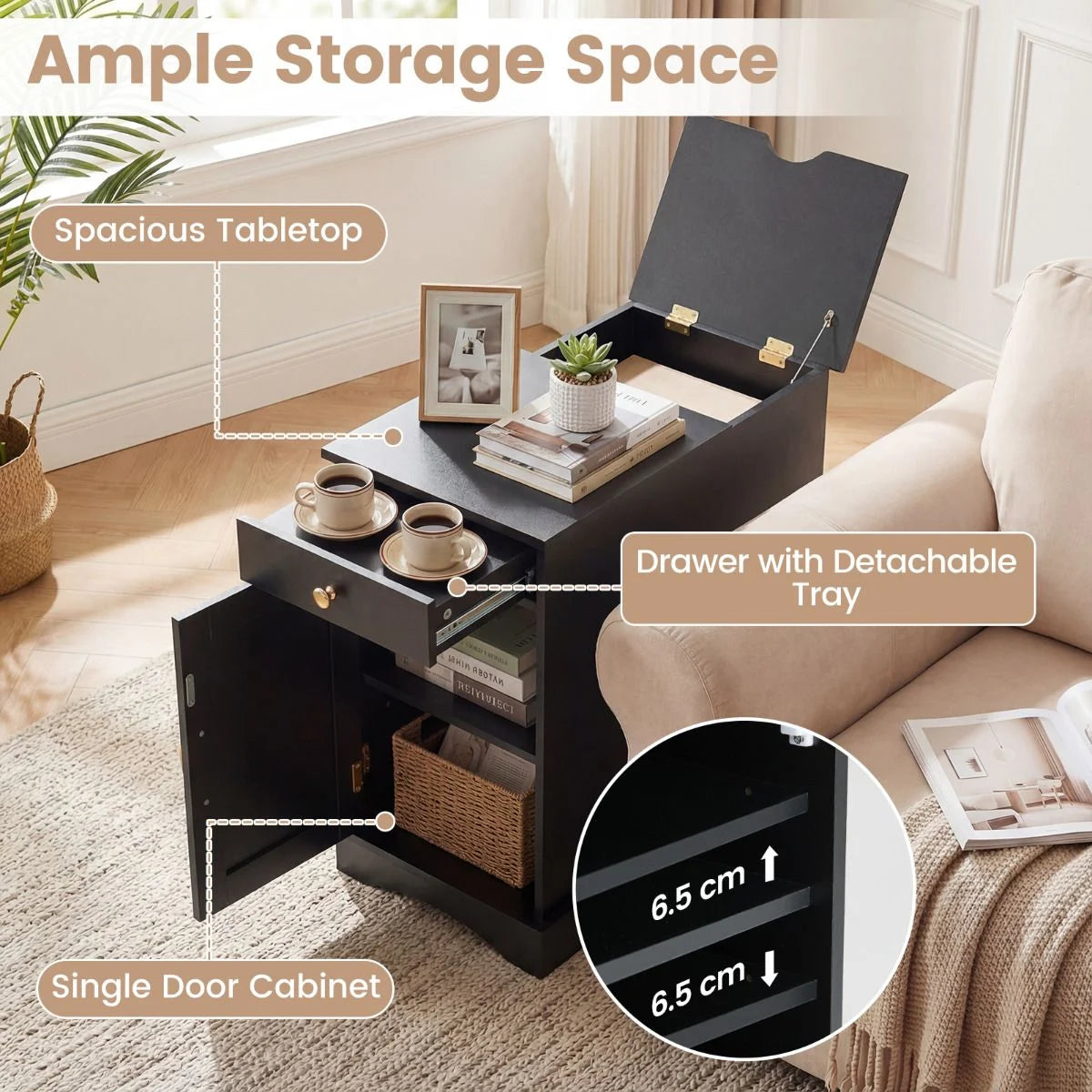 End Table Narrow Nightstand Bedside Table with Charging Station