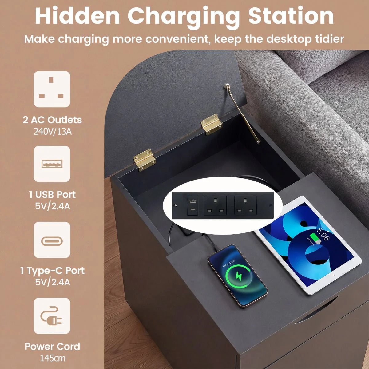 End Table Narrow Nightstand Bedside Table with Charging Station