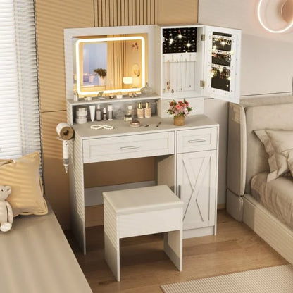 Farmhouse Dressing Table and Stool Set with Charging Station and 3-Color LED Lights