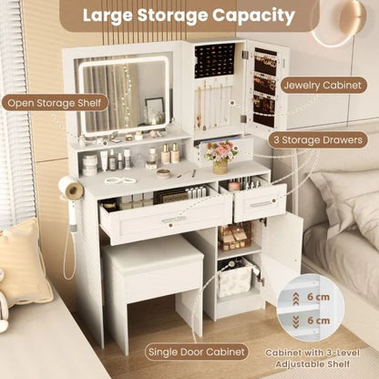 Farmhouse Dressing Table and Stool Set with Charging Station and 3-Color LED Lights