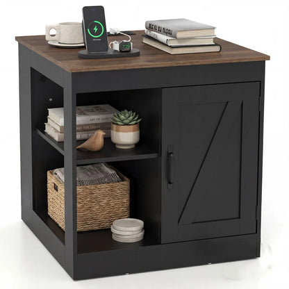 Farmhouse Nightstand with Charging Station Bedside Table with Adjustable Shelf