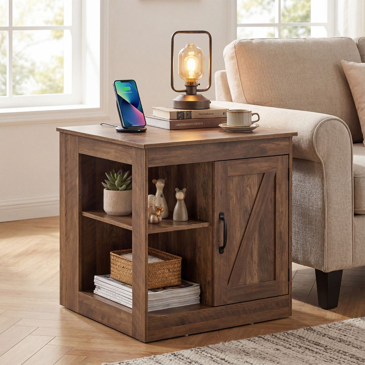 Farmhouse Nightstand with Charging Station Bedside Table with Adjustable Shelf