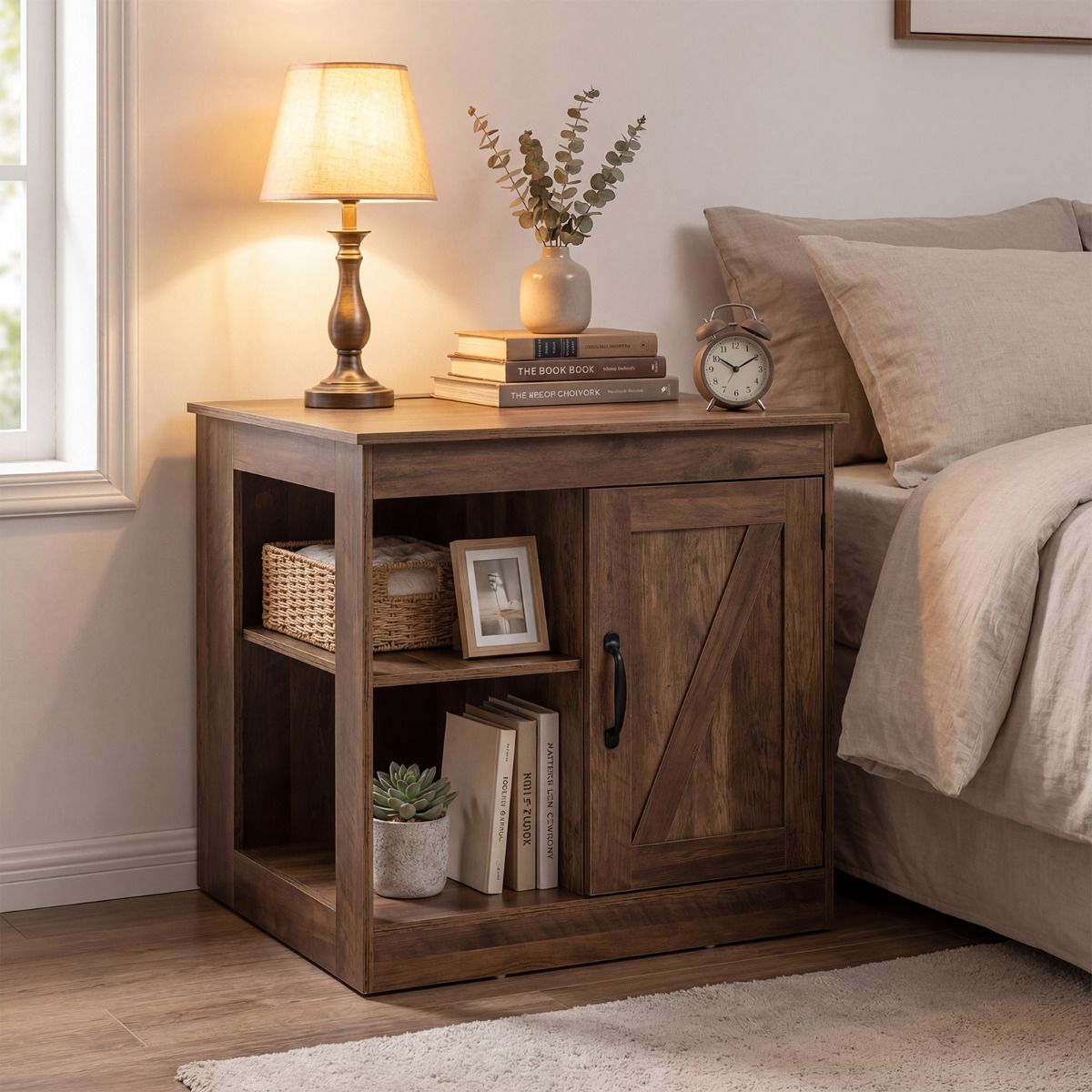 Farmhouse Nightstand with Charging Station Bedside Table with Adjustable Shelf