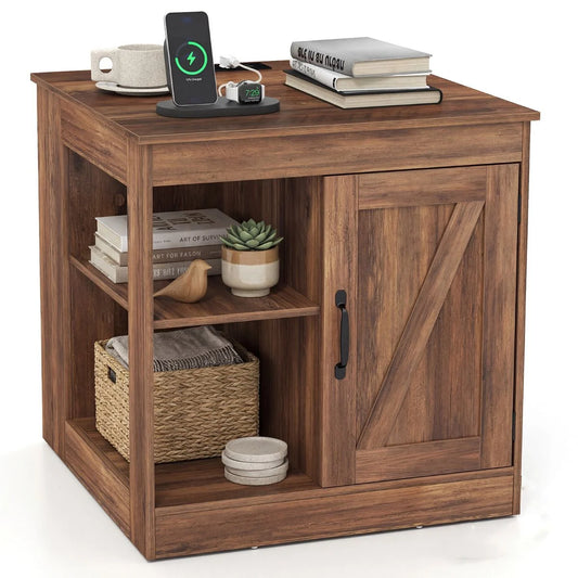 Farmhouse Nightstand with Charging Station Bedside Table with Adjustable Shelf