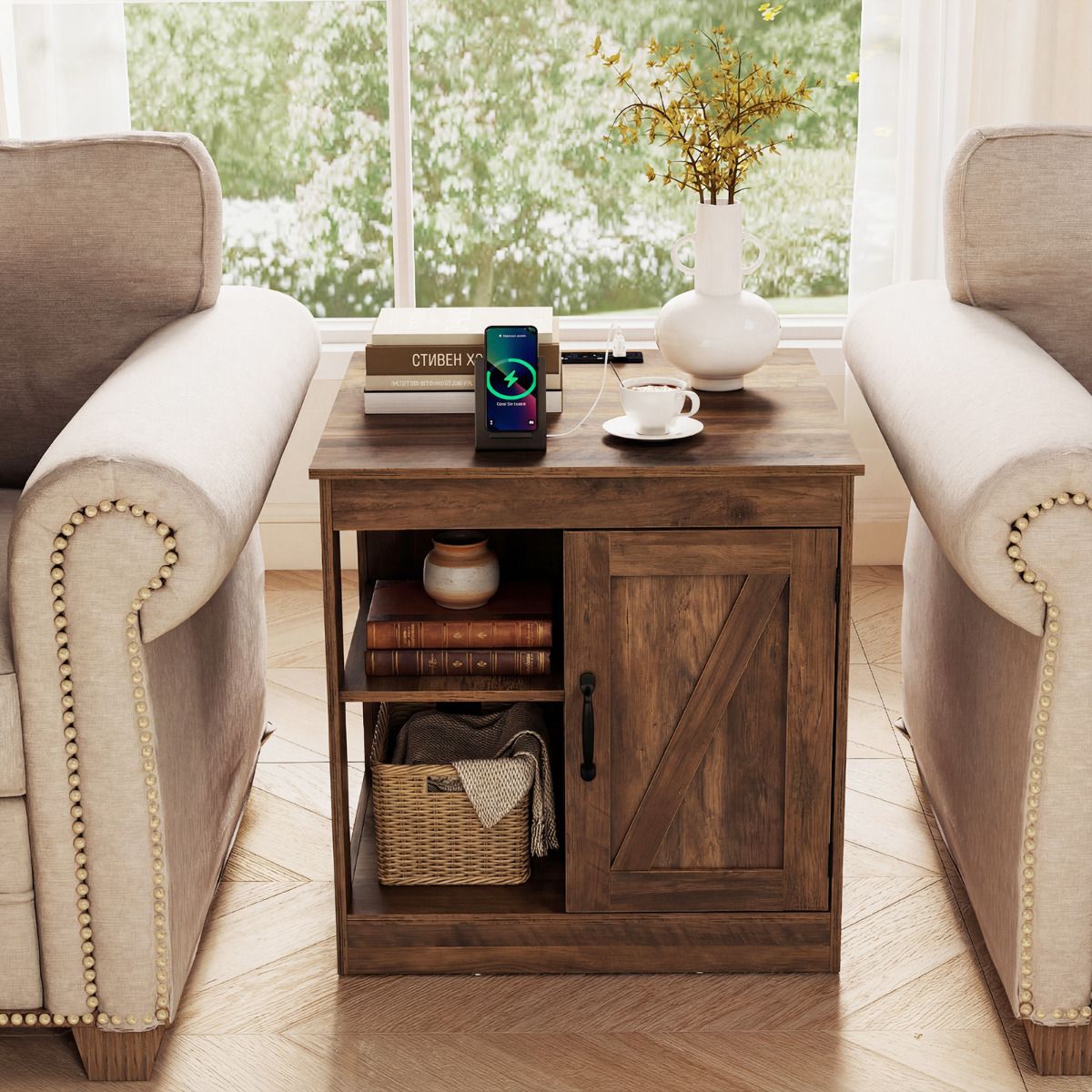 Farmhouse Nightstand with Charging Station Bedside Table with Adjustable Shelf