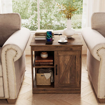 Farmhouse Nightstand with Charging Station Bedside Table with Adjustable Shelf