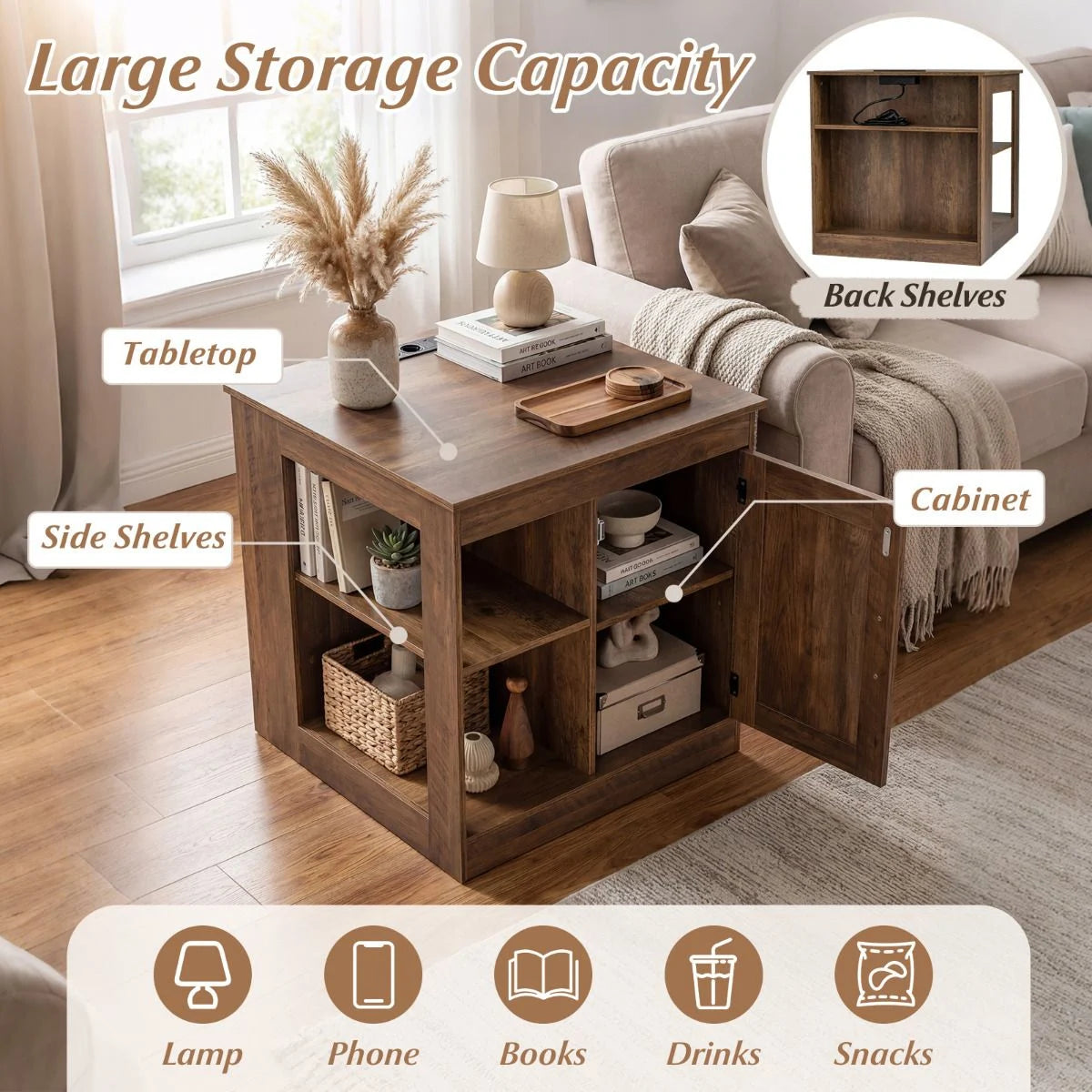 Farmhouse Nightstand with Charging Station Bedside Table with Adjustable Shelf