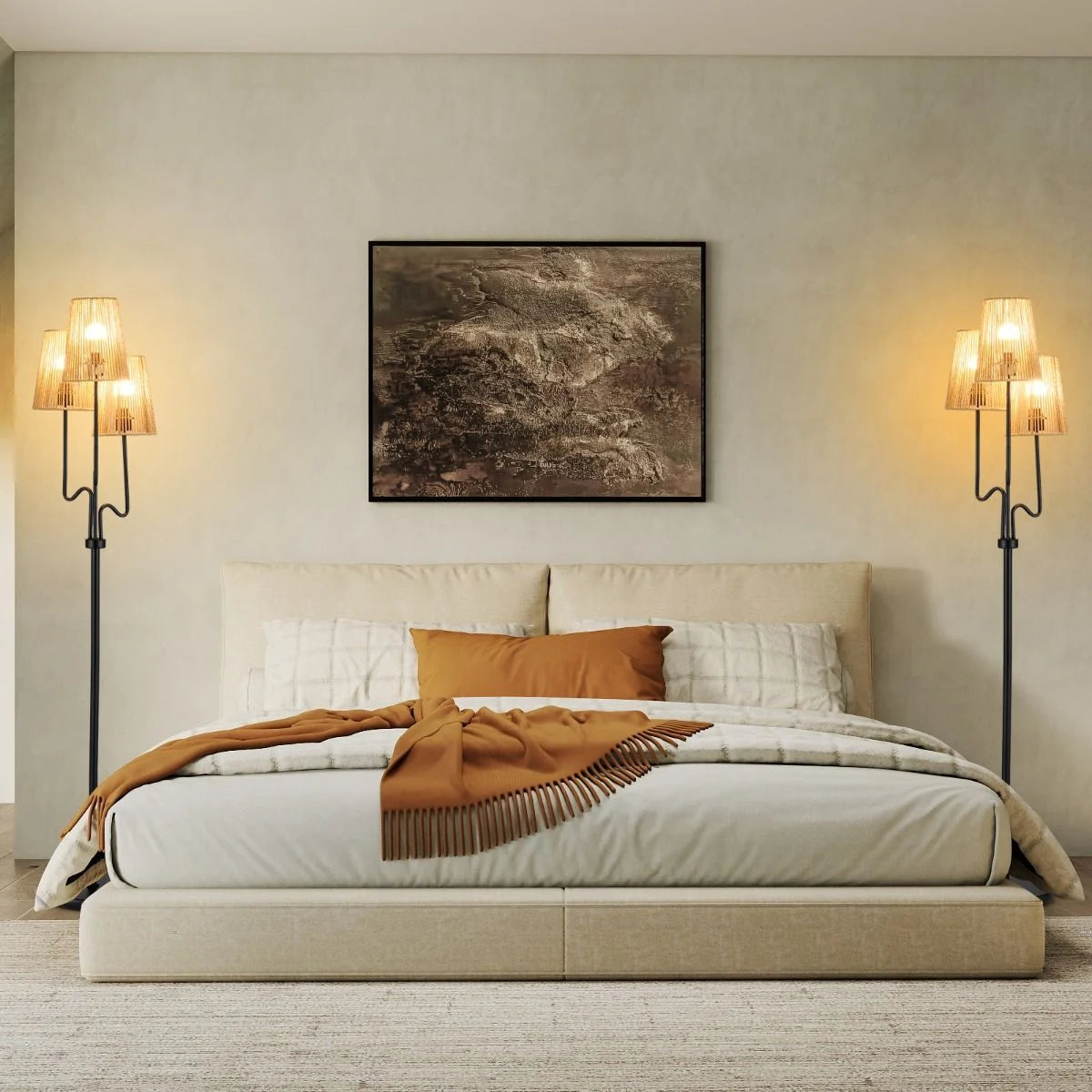 Farmhouse Standing Tree Lamp with 3 Boho Paper Woven Lampshades