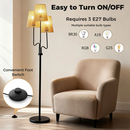 Farmhouse Standing Tree Lamp with 3 Boho Paper Woven Lampshades