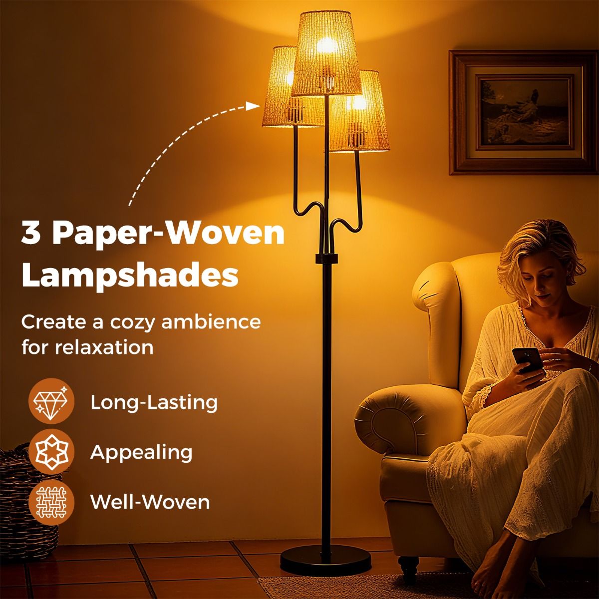 Farmhouse Standing Tree Lamp with 3 Boho Paper Woven Lampshades