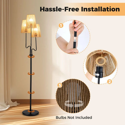 Farmhouse Standing Tree Lamp with 3 Boho Paper Woven Lampshades