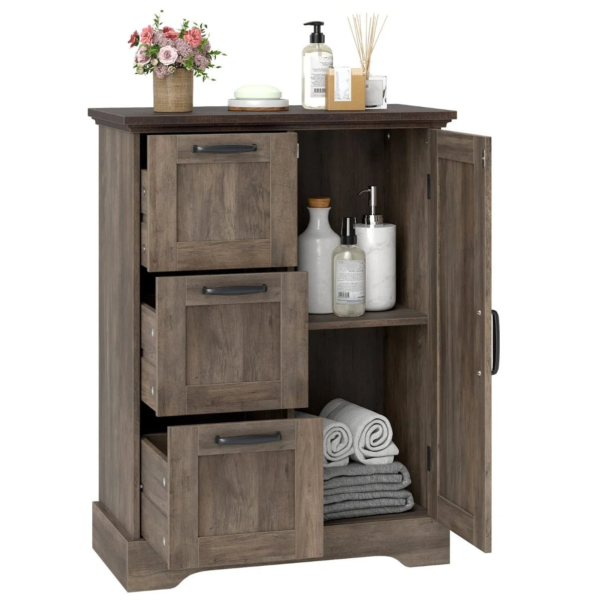 Farmhouse Floor Cabinet with Barn Door, Freestanding Bathroom Storage Organizer