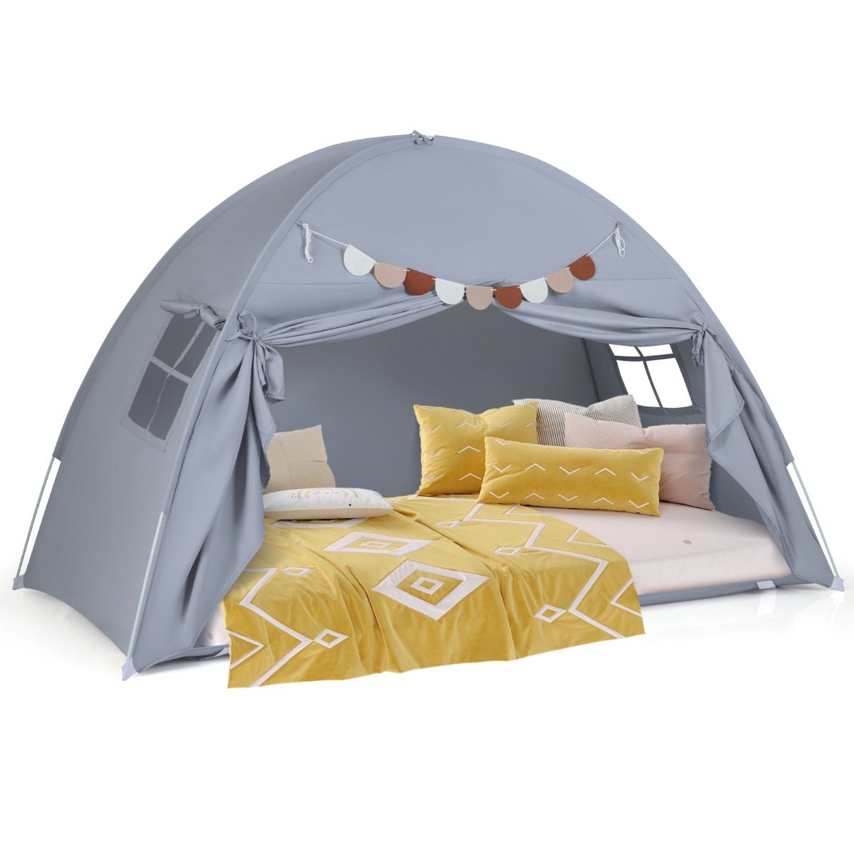Foldable and Portable Canopy Tent on Twin Bunk Bed with 2 Windows