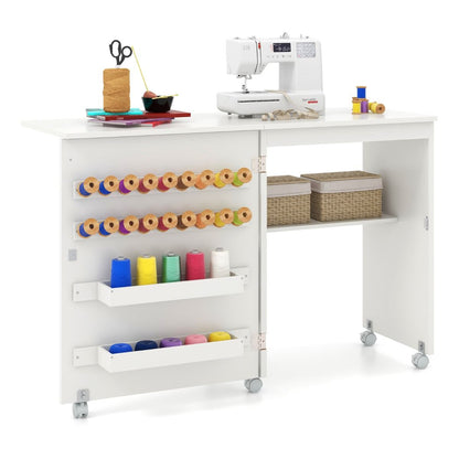 Folding Sewing Table, Rolling Drop Leaf Sewing Workstation Computer Desk