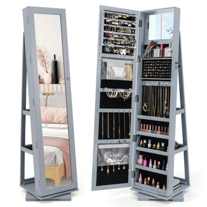 360° Swivel 3-in-1 Jewelry Cabinet, Lockable Jewelry Armoire Storage Unit with Full Length Mirror and Display Shelf