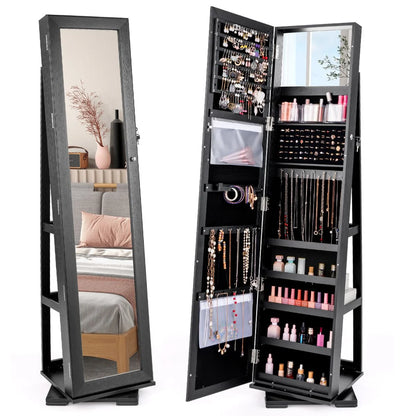 360° Swivel 3-in-1 Jewelry Cabinet, Lockable Jewelry Armoire Storage Unit with Full Length Mirror and Display Shelf
