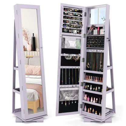 360° Swivel 3-in-1 Jewelry Cabinet, Lockable Jewelry Armoire Storage Unit with Full Length Mirror and Display Shelf