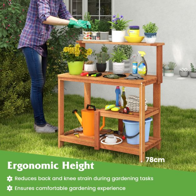 Garden Potting Bench Table with Open Shelves and Teak Oil Finish