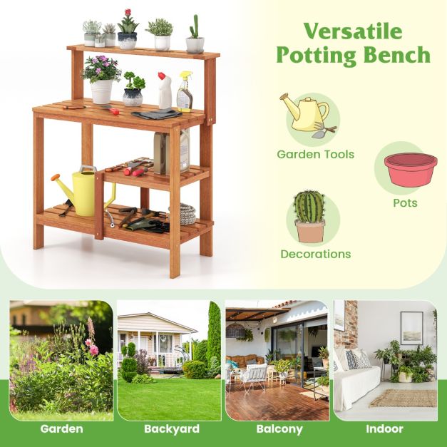 Garden Potting Bench Table with Open Shelves and Teak Oil Finish