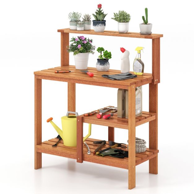 Garden Potting Bench Table with Open Shelves and Teak Oil Finish