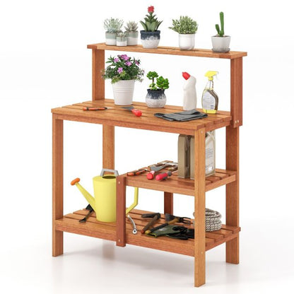 Garden Potting Bench Table with Open Shelves and Teak Oil Finish
