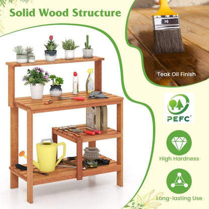 Garden Potting Bench Table with Open Shelves and Teak Oil Finish