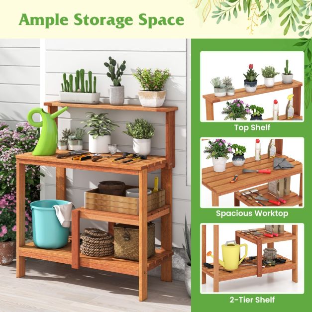 Garden Potting Bench Table with Open Shelves and Teak Oil Finish