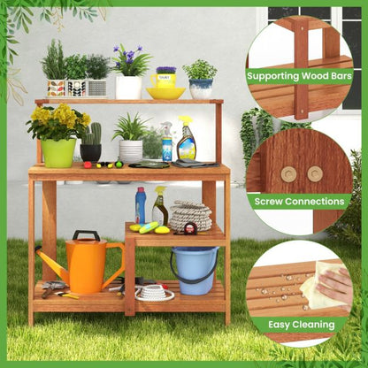Garden Potting Bench Table with Open Shelves and Teak Oil Finish