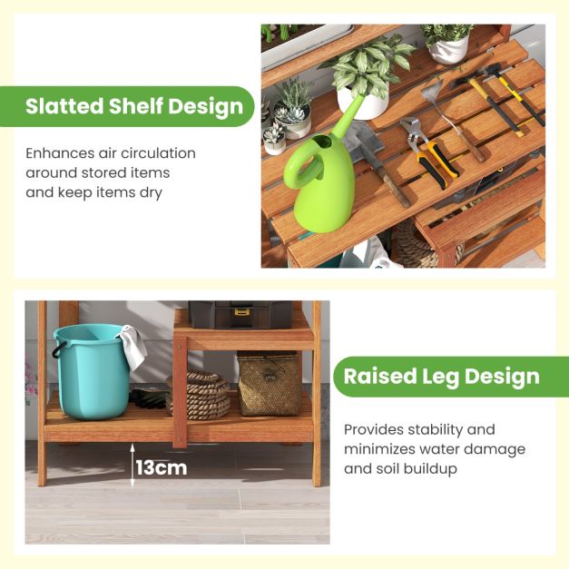 Garden Potting Bench Table with Open Shelves and Teak Oil Finish