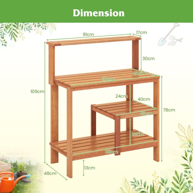 Garden Potting Bench Table with Open Shelves and Teak Oil Finish