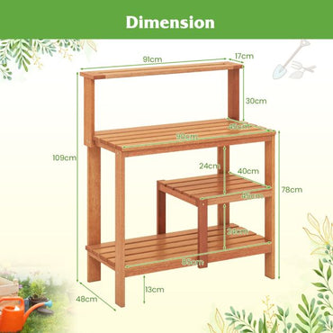 Garden Potting Bench Table with Open Shelves and Teak Oil Finish
