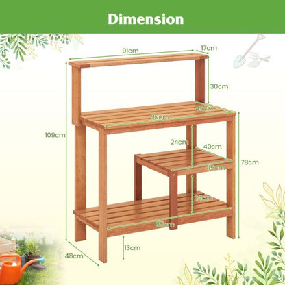 Garden Potting Bench Table with Open Shelves and Teak Oil Finish