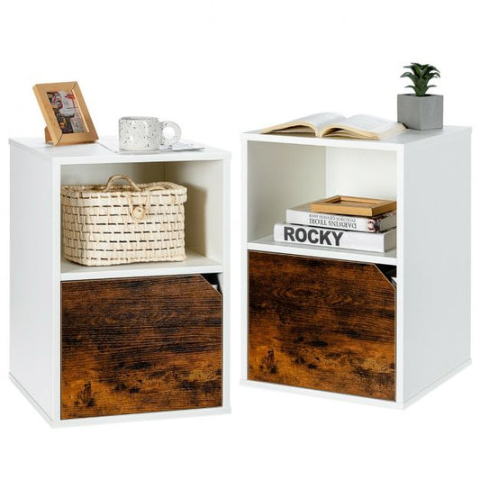 Set of 2 Wooden Bedside Tables with Open Shelf and Door