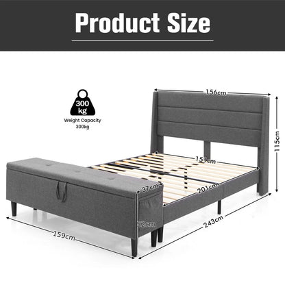 Upholstered King Size Bed Frame with Ottoman Bench and Headboard
