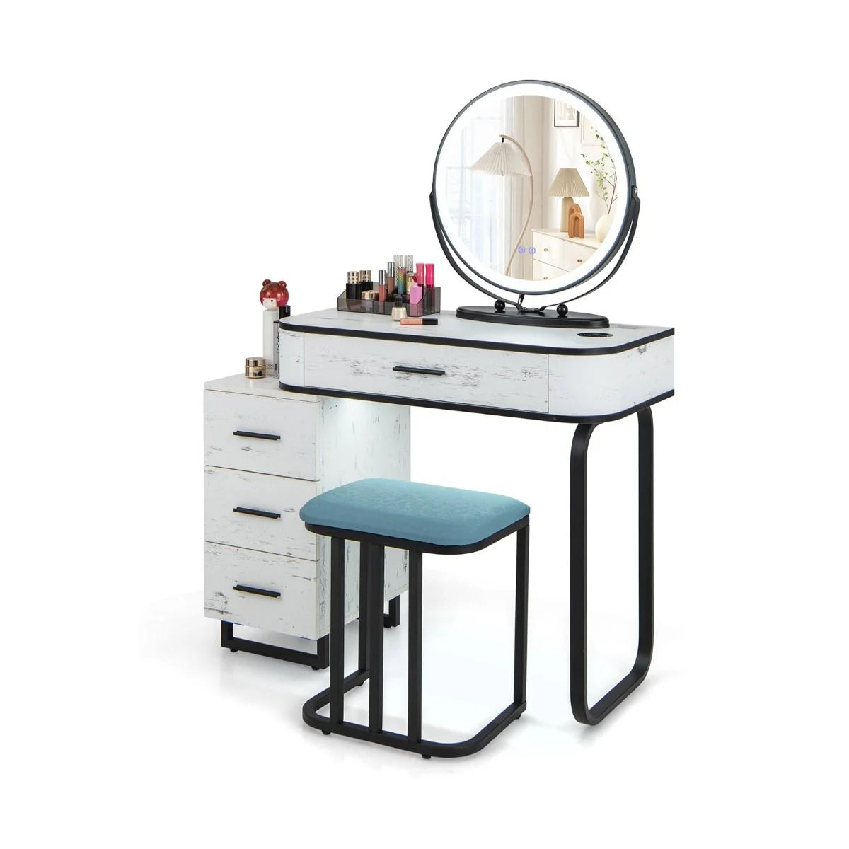Dressing Table and Stool Set with 3-Color LED Lights Swivel Mirror, Charging Station
