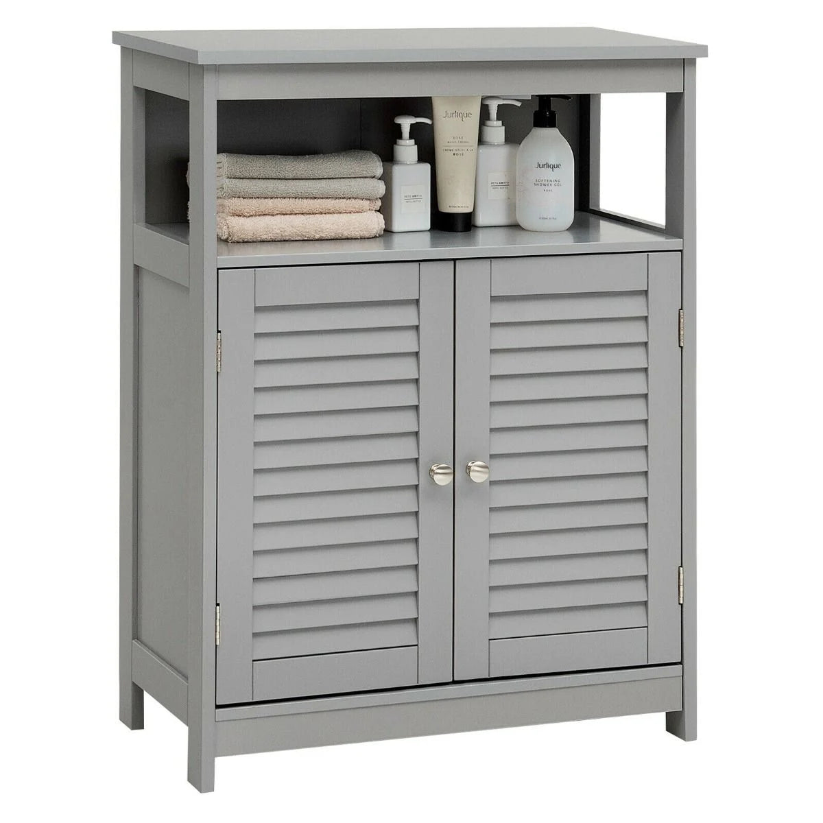 Bathroom Floor Cabinet, Wooden Freestanding Storage Cupboard with Double Shutter Door