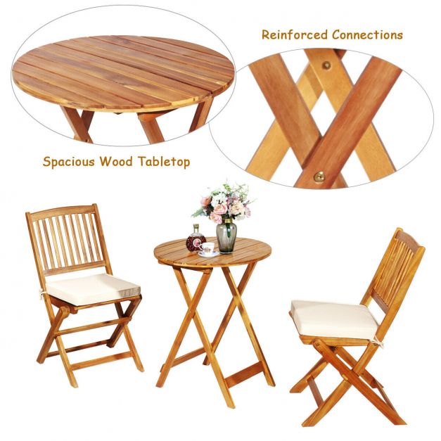 3 Piece Folding Bistro Set with Cushions for Patio