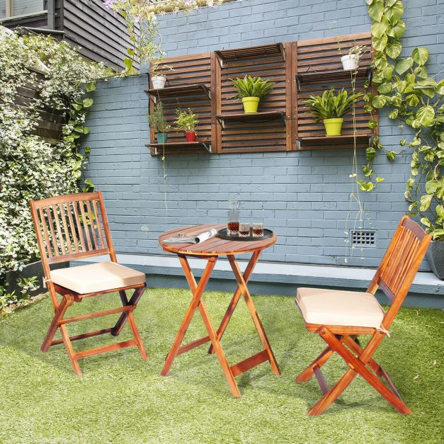 3 Piece Folding Bistro Set with Cushions for Patio