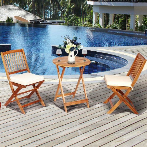 3 Piece Folding Bistro Set with Cushions for Patio