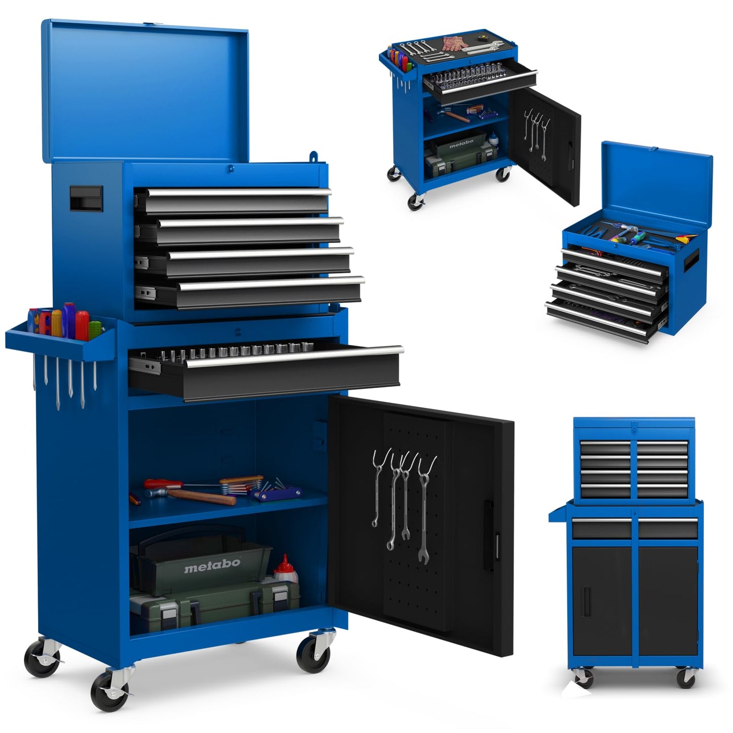 2 in 1 Lockable Metal Tool Chest with Removable Top Cabinet (with Adjustable Shelf)