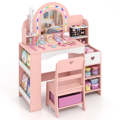 Kids Vanity Set, Girls Dressing Table with Lights Mirror