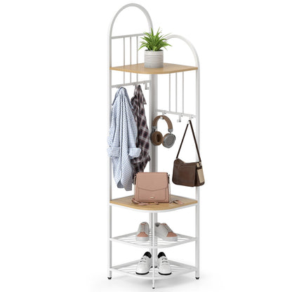 Corner Hall Tree 4 Tier Coat Rack with Storage Bench and Hooks