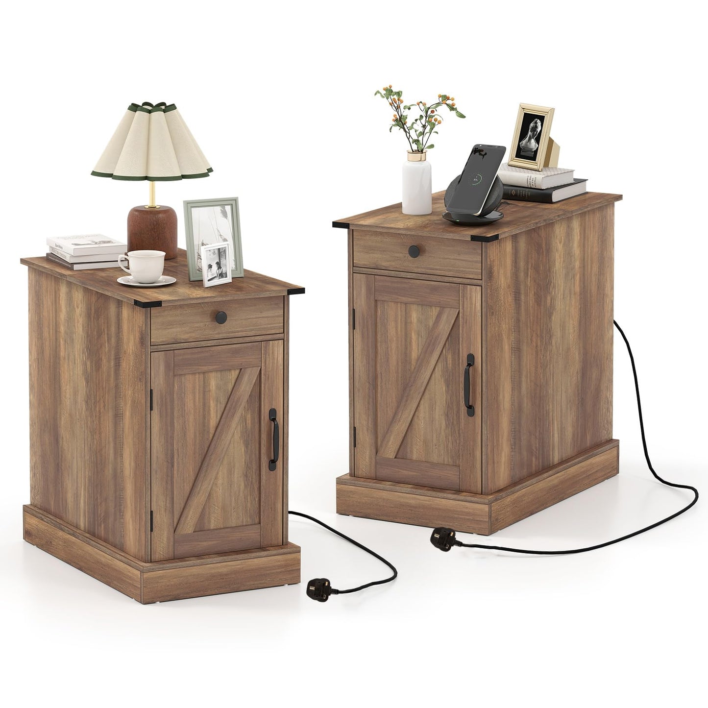 End Table with Charging Station Farmhouse Bedside Table with Storage Drawer
