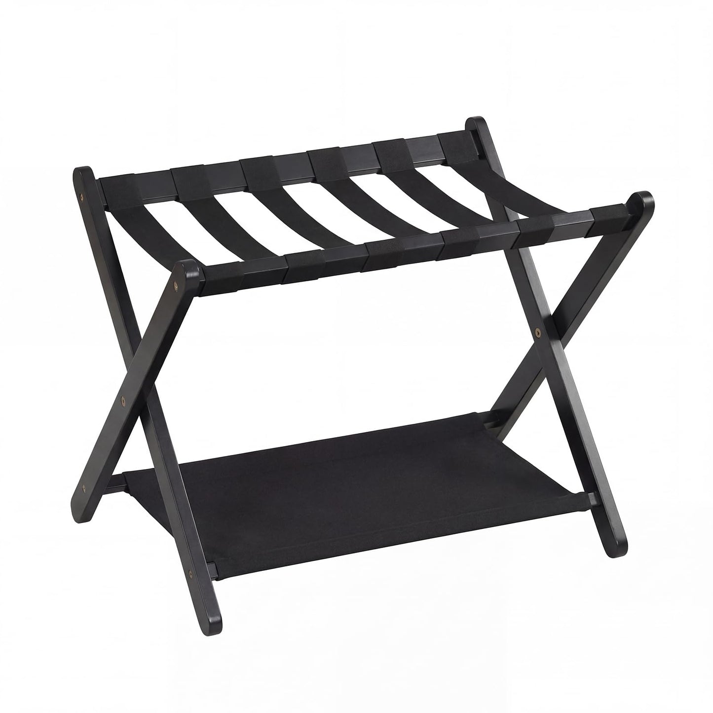 Folding Luggage Rack, Solid Rubber Wood Suitcase Stand with Storage Shelf