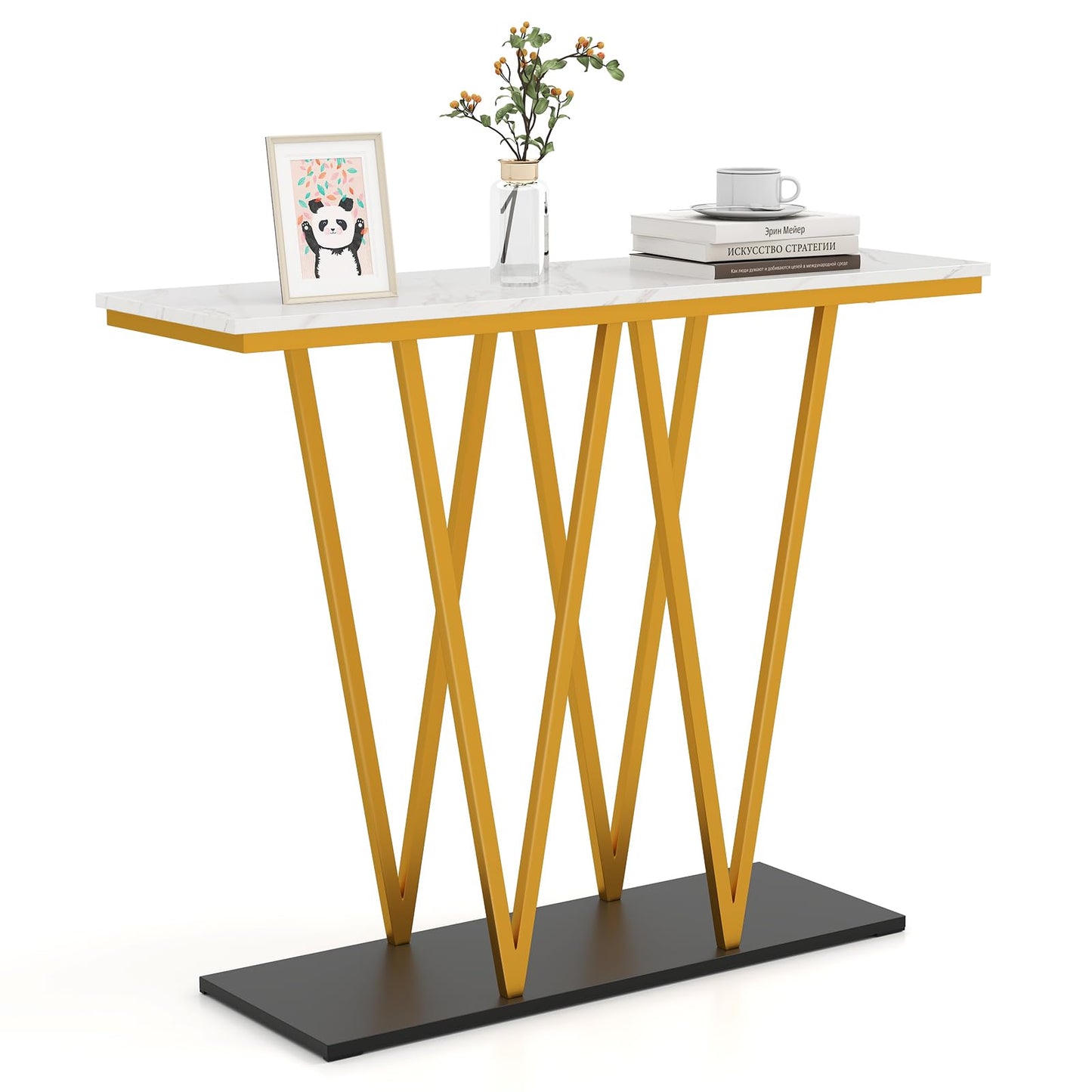 Modern Accent Extra Long Console Entry Table with Faux Marble Top