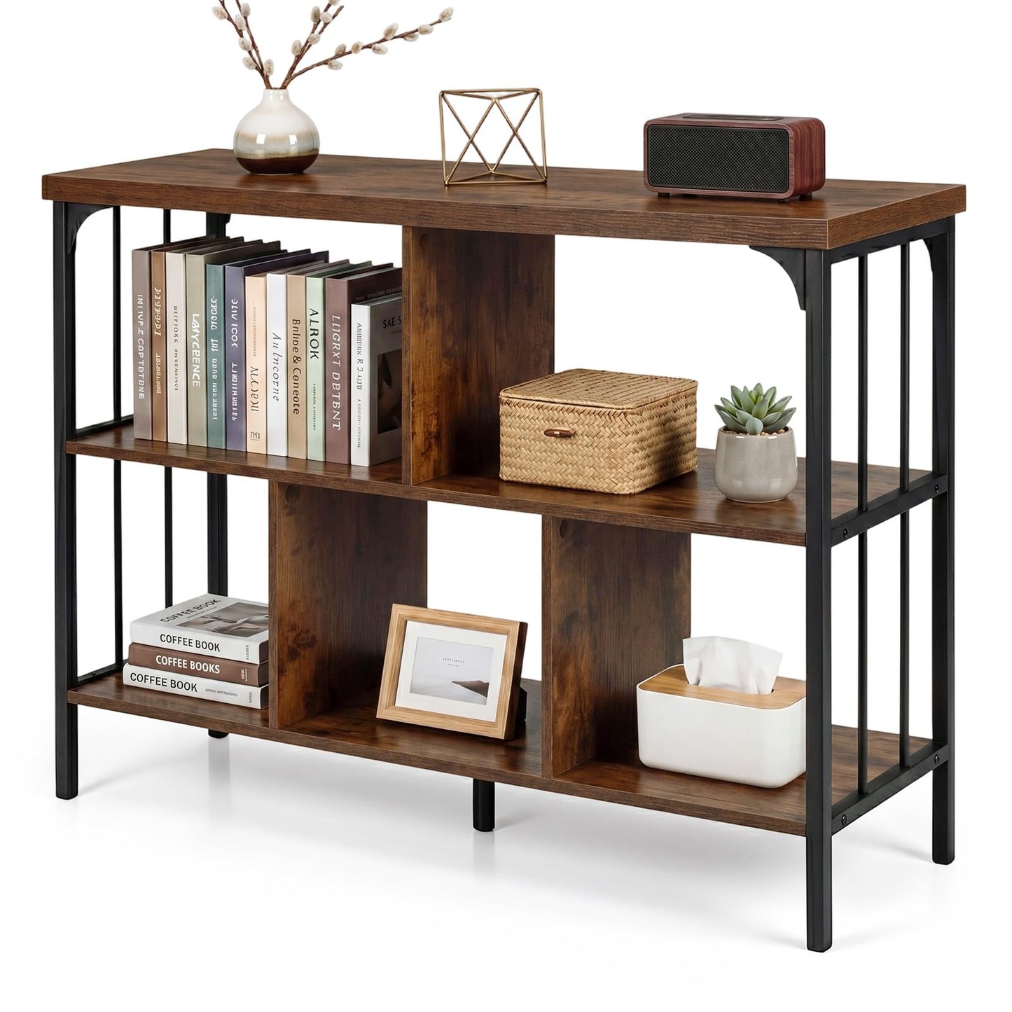 3-Tier Bookshelf with 2 Anti-Tipping Kits Metal Frame and Fencing