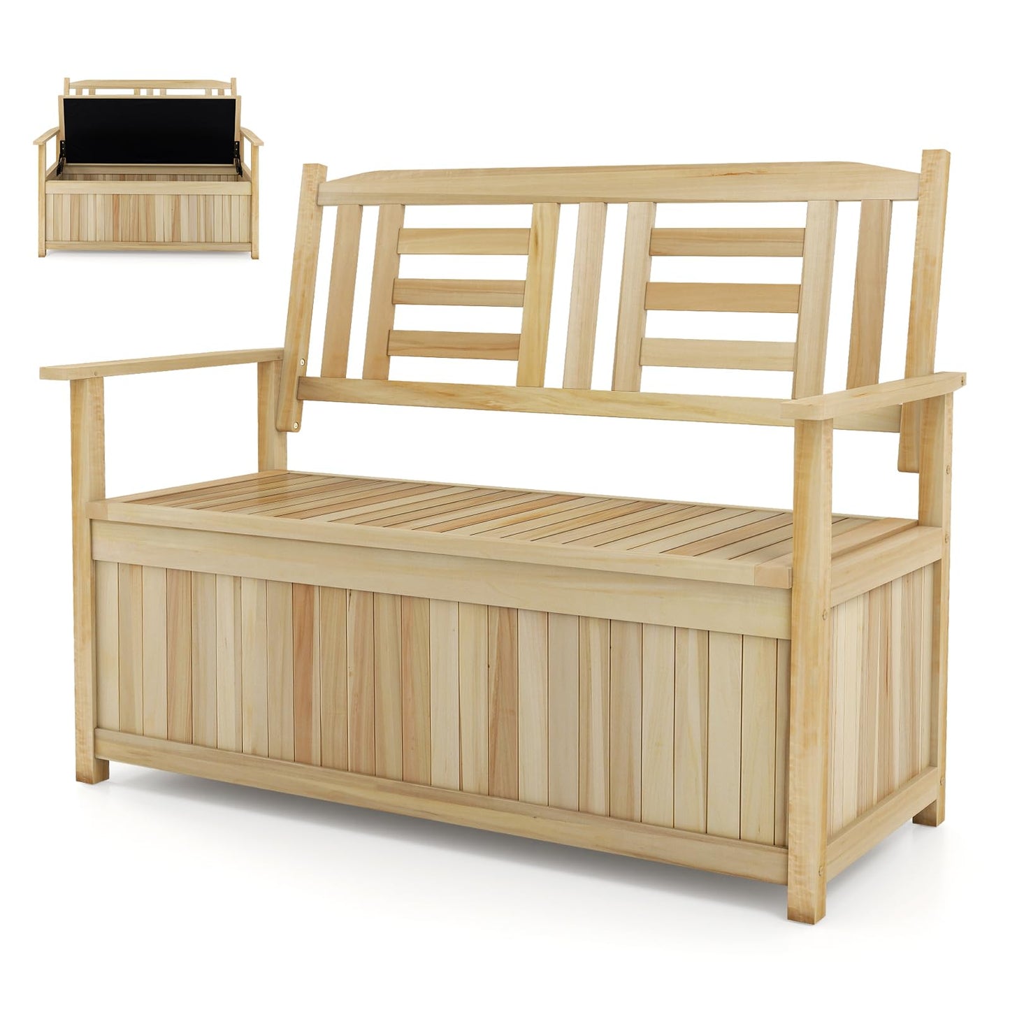185L Patio Storage Bench Solid Wood Storage Loveseat with Backrest and Armrests