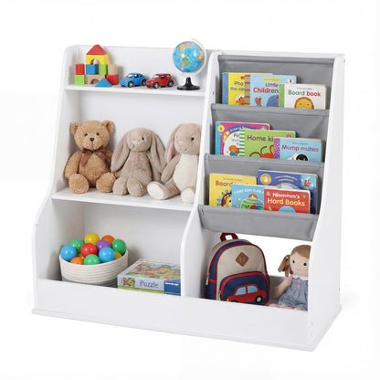 Kids Bookshelf 80 CM Wooden Toy Storage Organizer with 3 Tiers of Fabric Pockets