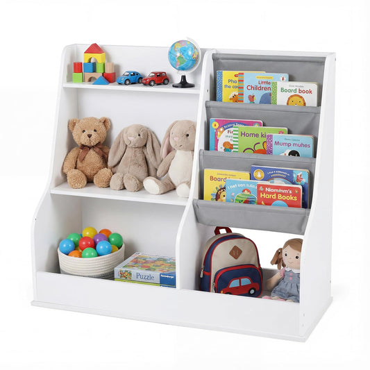 Kids Bookshelf 80 CM Wooden Toy Storage Organizer with 3 Tiers of Fabric Pockets