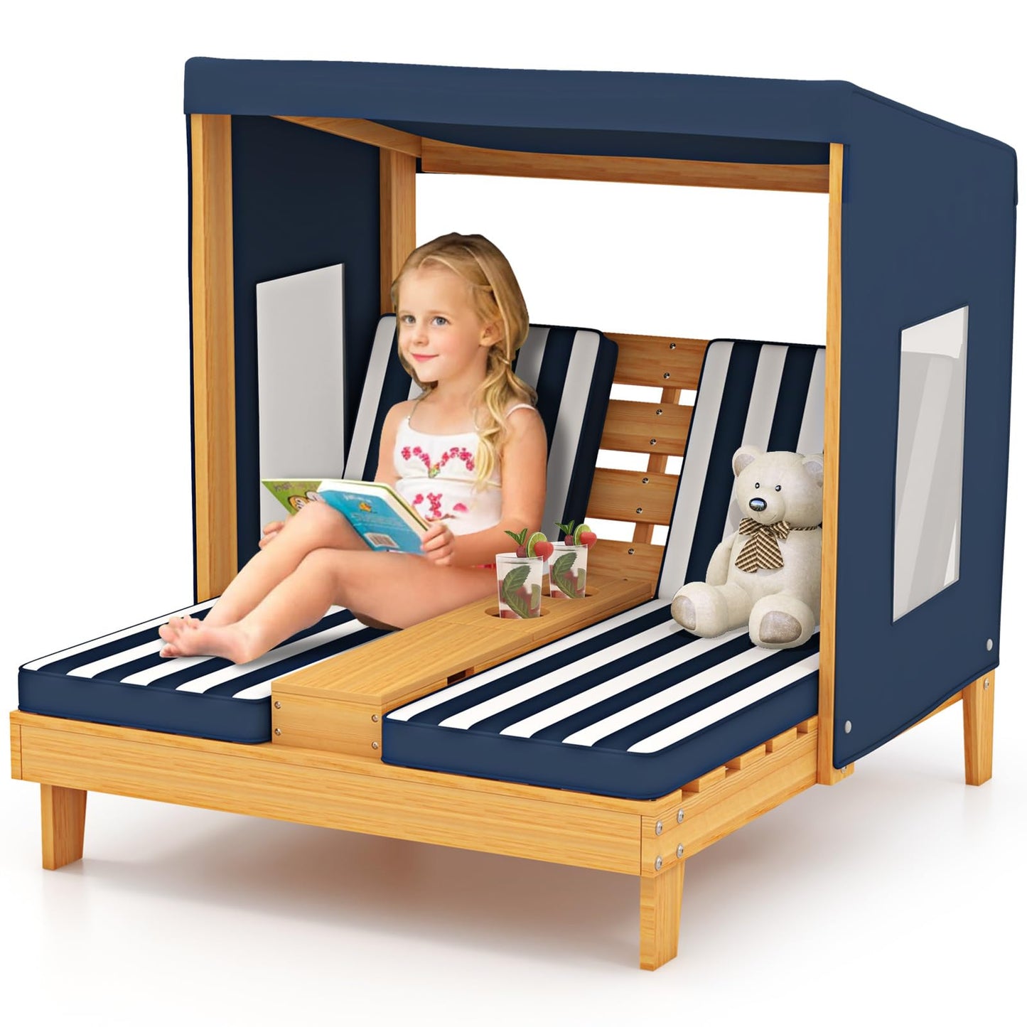 Kids Double Sun Lounger, 2-Seater Garden Lounge Chair with Canopy